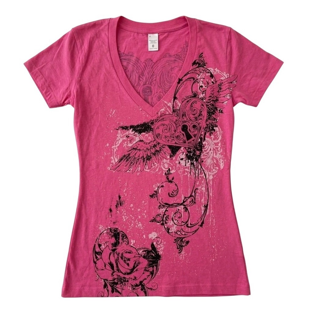 V-Neck Graphic Tee Womens Pink Excellent Winged Heart Rose Y2K